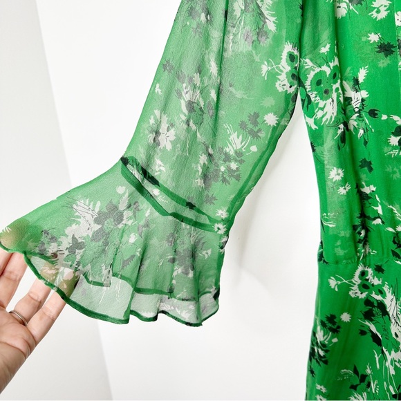 Veronica Beard Sean Floral-print Silk Dress Green Multi Ruched Bell Sleeves 8 - Picture 14 of 15